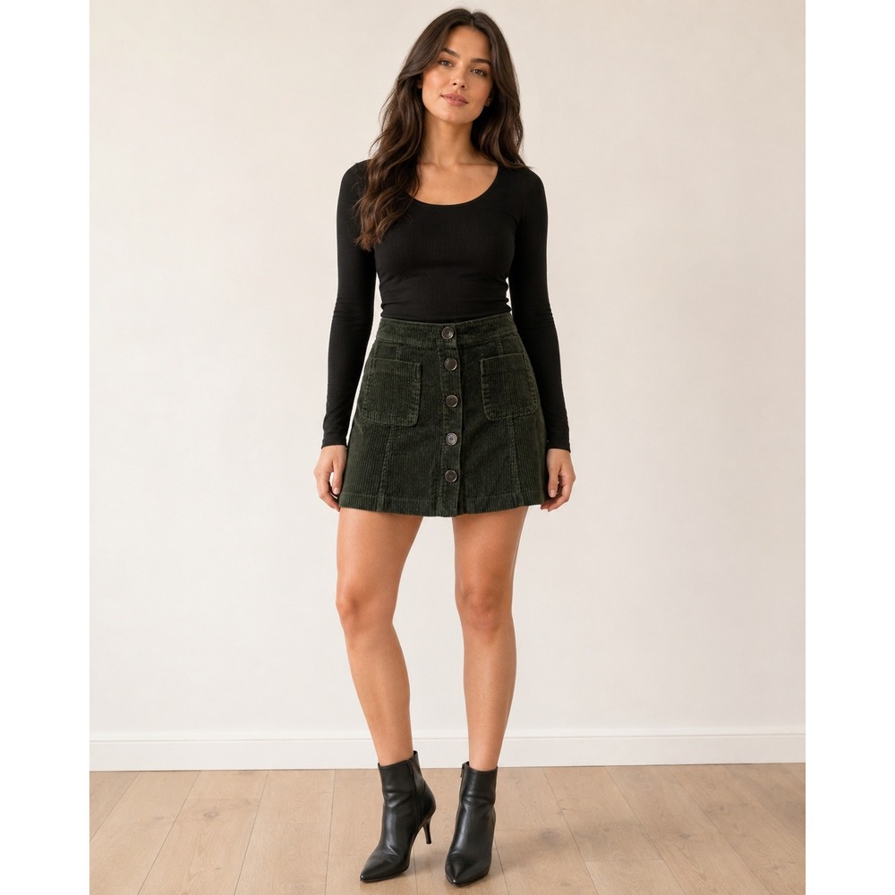 Zara TRF Corduroy Mini Skirt 28 Green Button Front Patch Pocket Boho Retro Fall